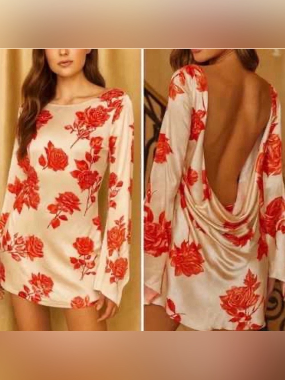 Meshki NWT Davina Long Sleeve Satin Open Back Rose Print Mini Dress
